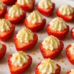 Deviled strawberries with cheesecake cream and graham crumb topping