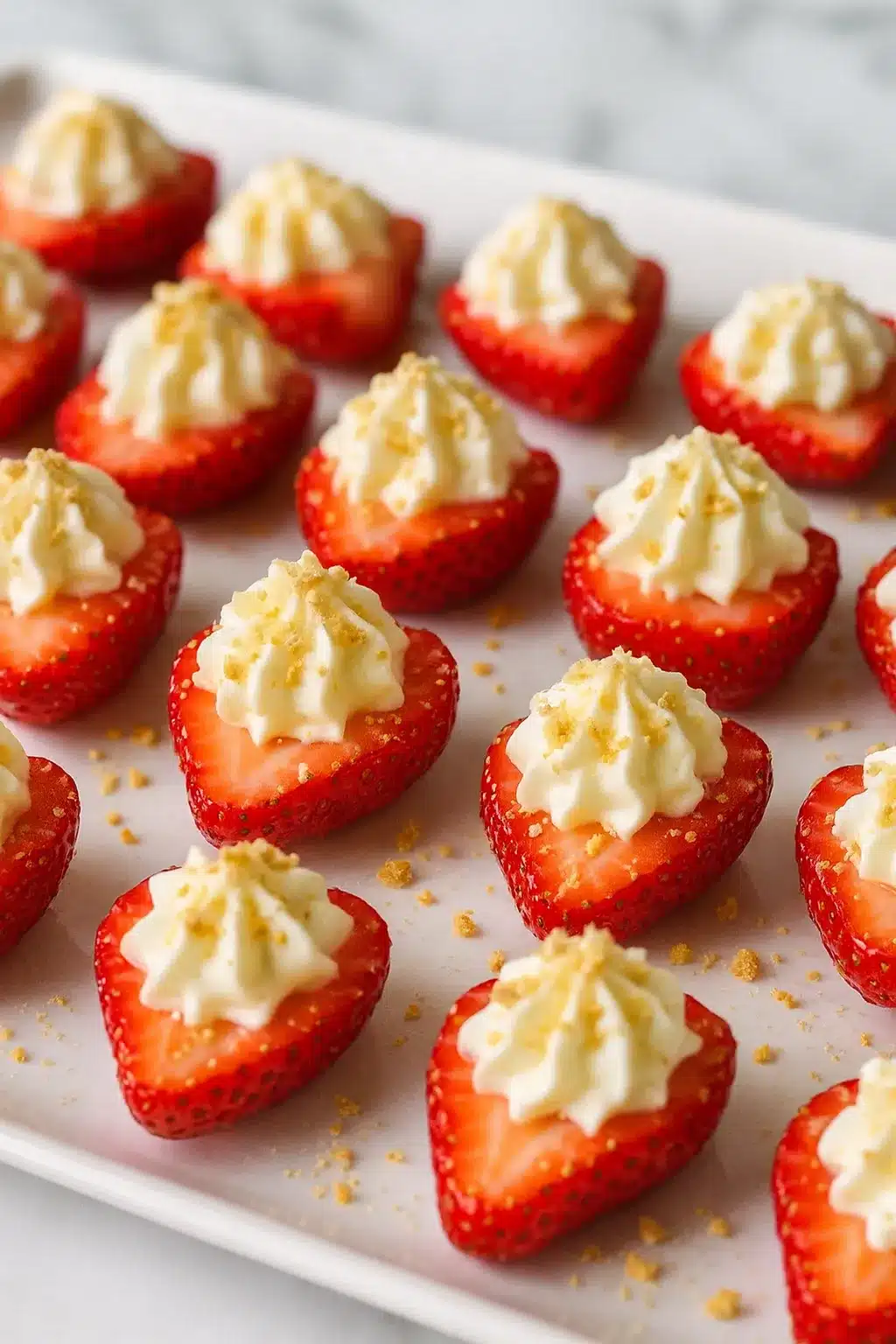 Deviled strawberries with cheesecake cream and graham crumb topping