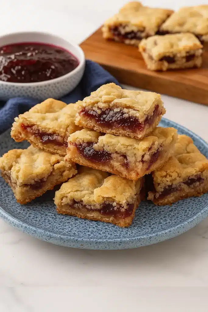 Classic Christmas Jam Bars | Easy, Nostalgic & Delicious 8 Classic Christmas Jam Bars stacked on a blue plate with jam filling