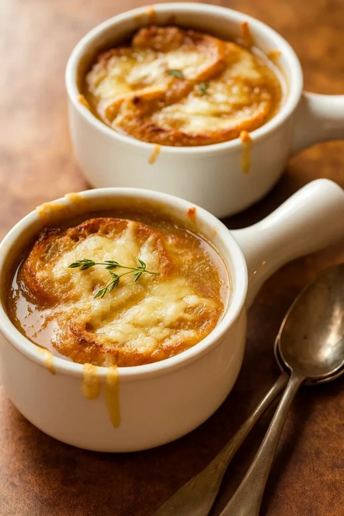French Onion Soup Recipe | Amazing Bistro Comfort 8 Two white bowls of French onion soup with melted cheese and bread on a rustic brown table.