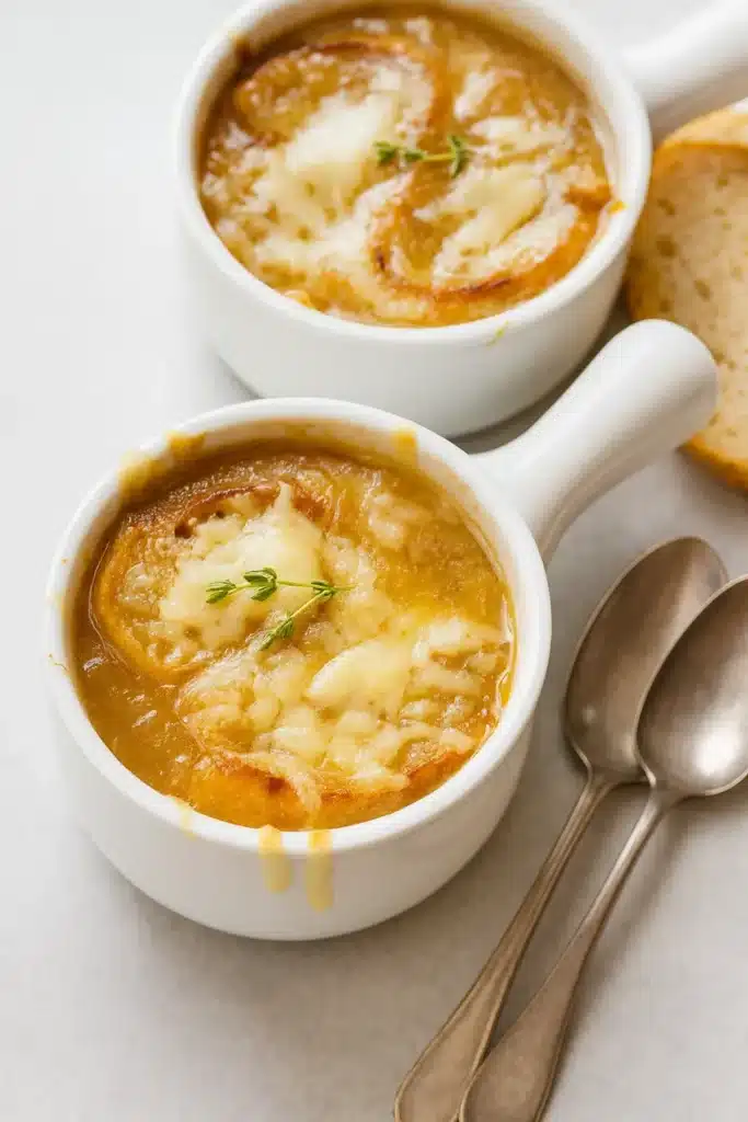 Two bowls of French onion soup topped with melted Gruyere cheese and bread on a gray table