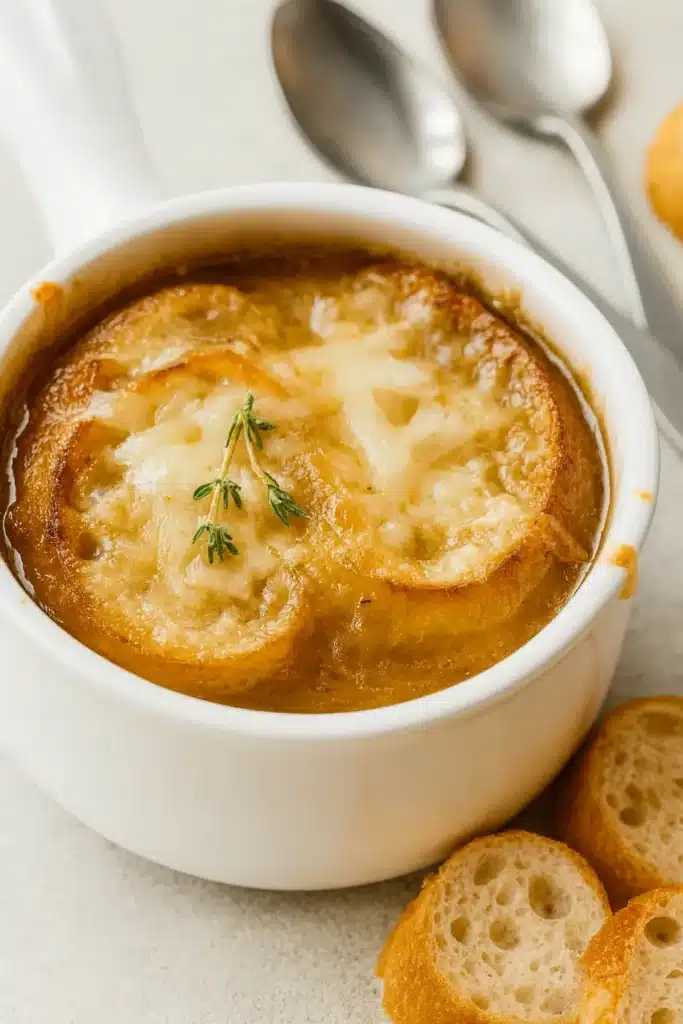 French Onion Soup Recipe | Amazing Bistro Comfort 6 Golden French onion soup with melted Gruyere and toasted bread in a white bowl