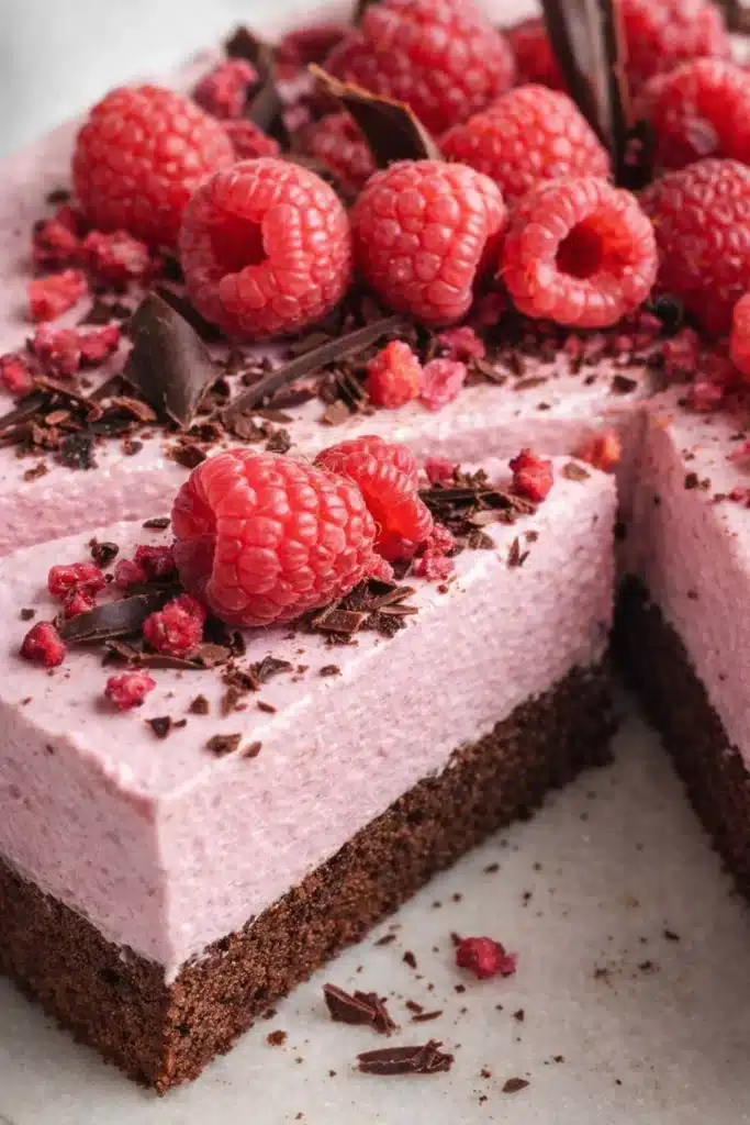 Chocolate Raspberry Mousse Cake – A Stunning, Easy Dessert 8 Close-up of chocolate raspberry mousse cake topped with raspberries
