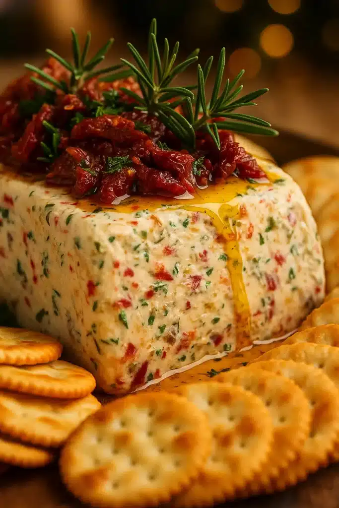 Close-up of creamy Christmas appetiser Italian cheese log with sun-dried tomatoes and rosemary