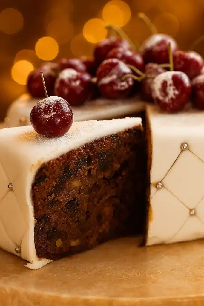 Close-up Christmas cake slice showing rich fruit texture and white fondant