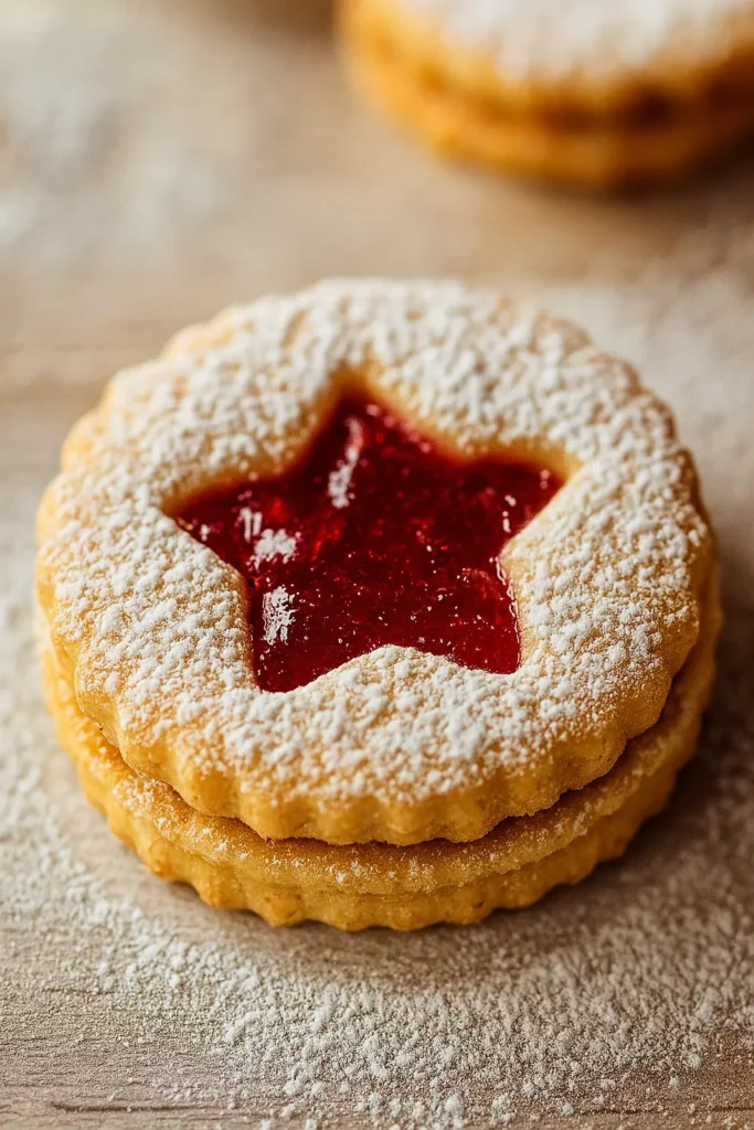 close-up of festive jam christmas biscuit with star cutout and powdered sugar