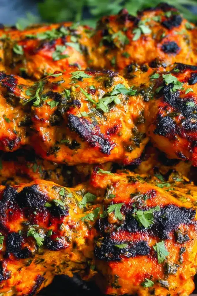 Indian Tandoori Chicken Tikka Kebab Skewers | Easy Dinner 11 Indian Tandoori Chicken Tikka Kebab Skewers close-up with fresh coriander