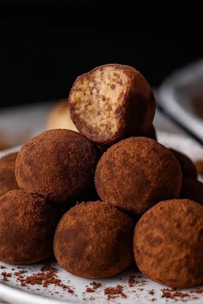 Stack of tiramisu balls with one bitten open showing creamy filling