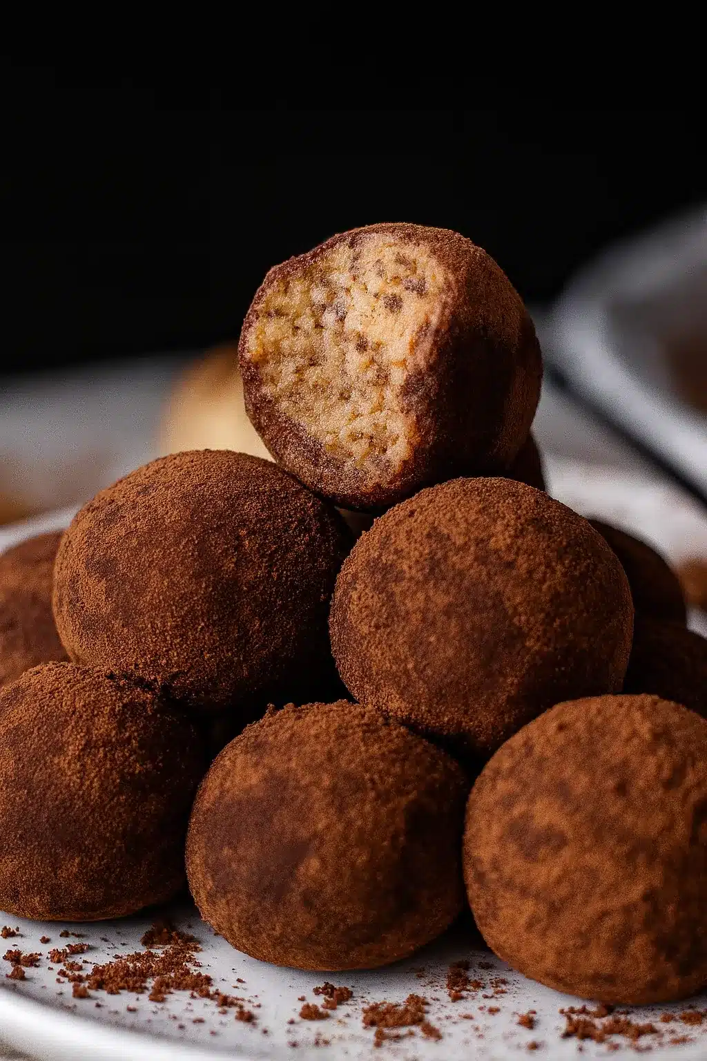 Stack of tiramisu balls with one bitten open showing creamy filling