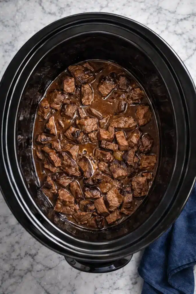 Cooked steak bites in gravy inside crockpot for crockpot steak bites recipe