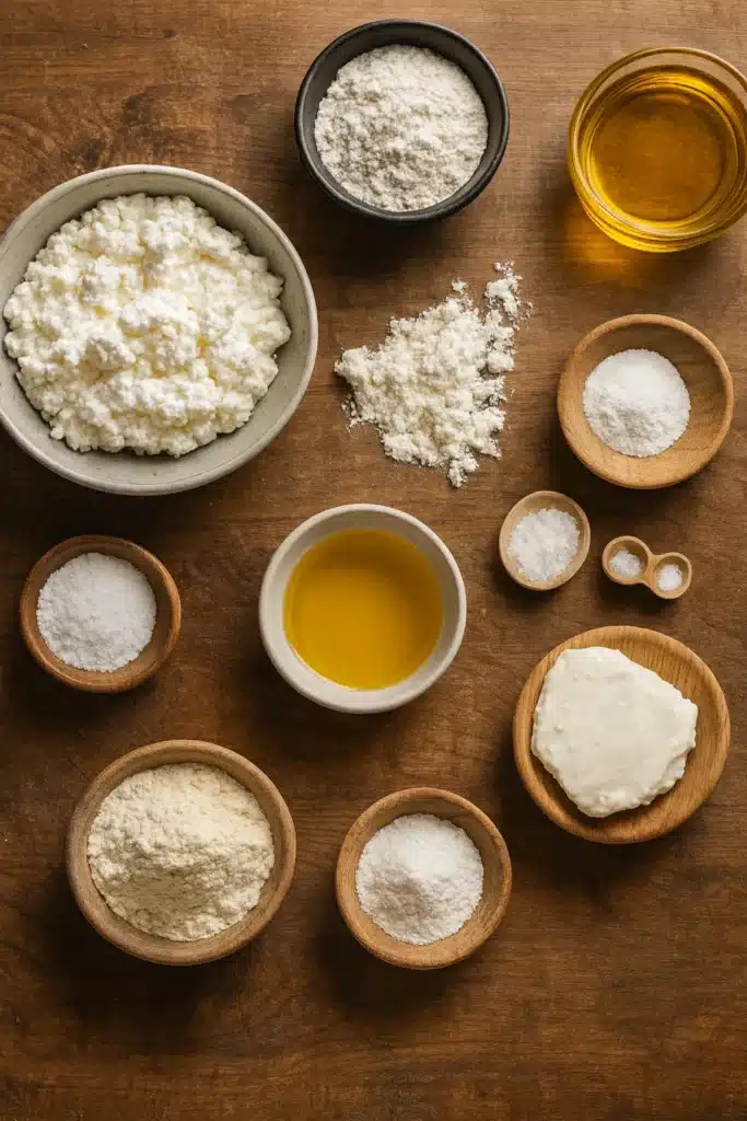 Cottage Cheese Flatbread | Easy High-Protein Breakfast 7 Cottage cheese flatbread ingredients arranged on a brown wooden table
