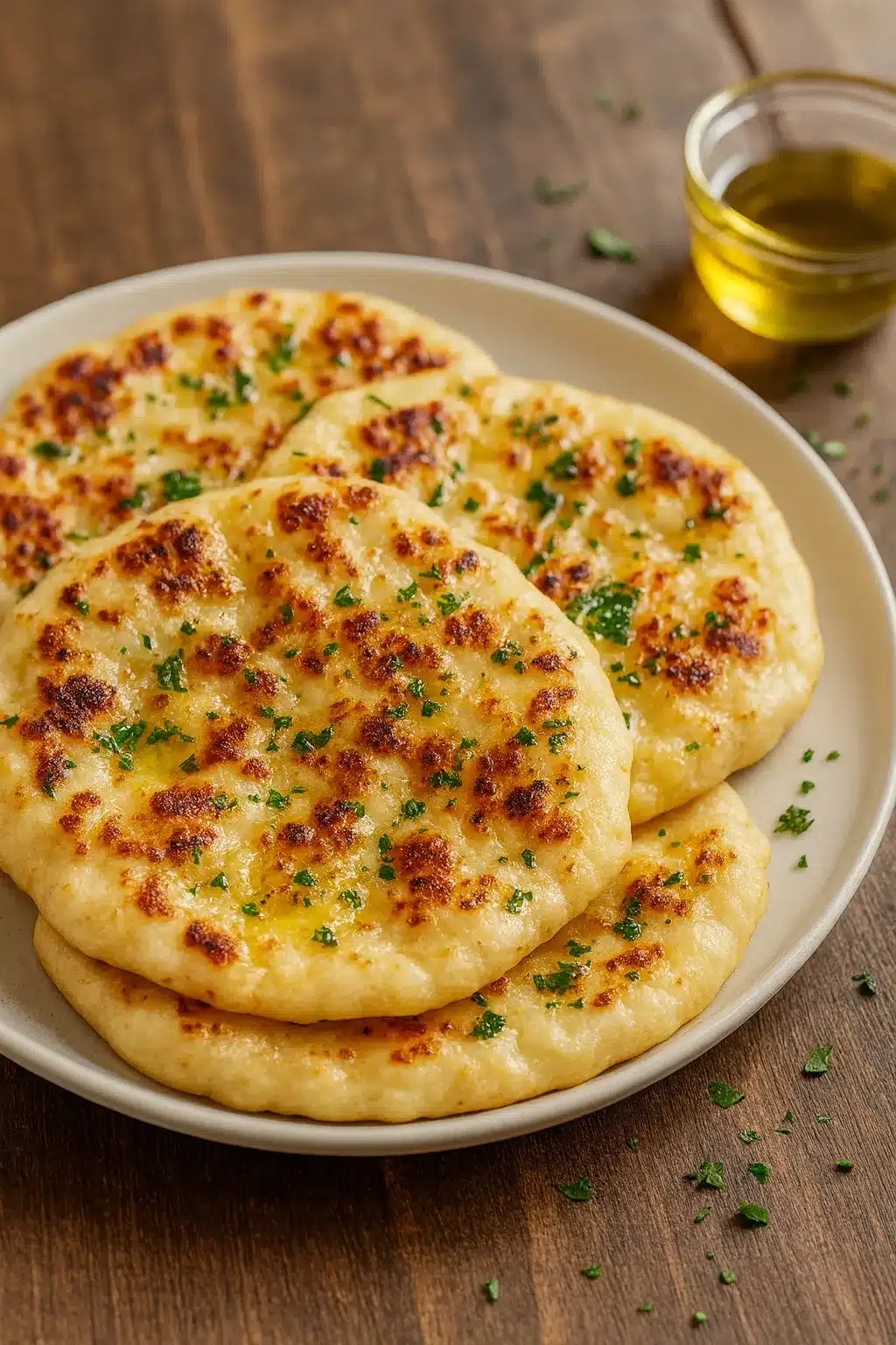home 13 Freshly cooked cottage cheese flatbreads brushed with olive oil and herbs on a wooden board