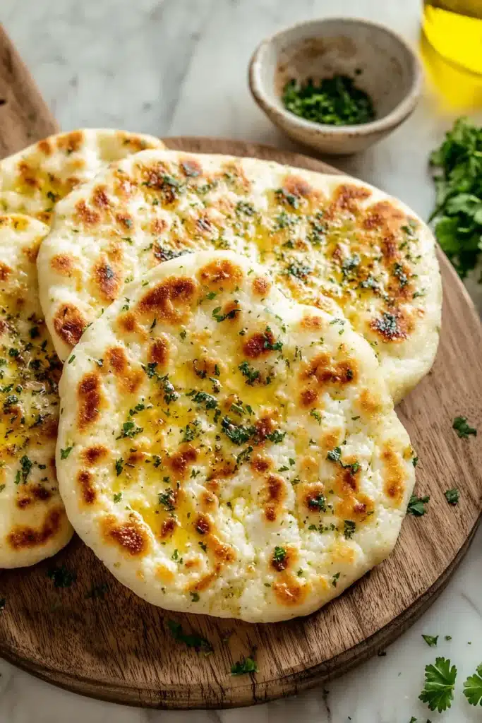 Cottage Cheese Flatbread | Easy High-Protein Breakfast 8 Golden cottage cheese flatbreads brushed with olive oil and herbs on wooden board