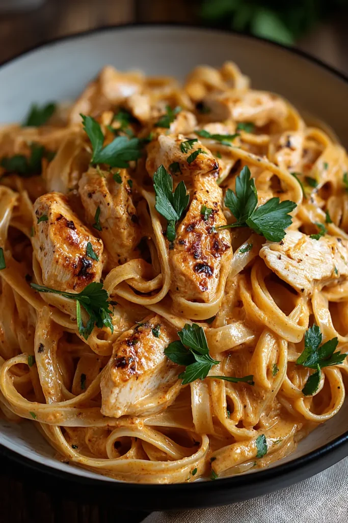 Creamy cowboy butter chicken linguine with golden chicken and herbs
