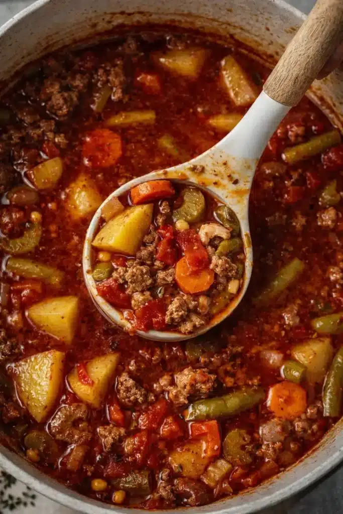 Cowboy Soup | Hearty & Amazing One-Pot Comfort 5 Ladle lifting hearty cowboy soup with beef, potatoes, and vegetables