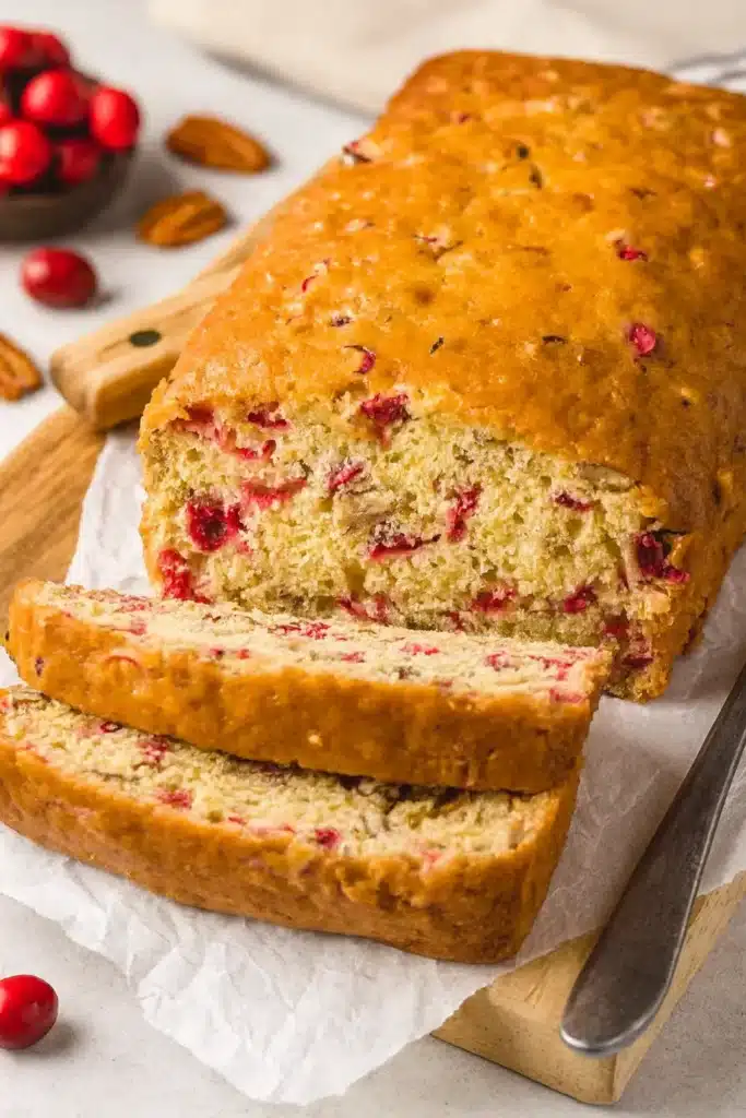 Cranberry Nut Bread Recipe | Sweet, Tart & Easy Loaf 9 Sliced cranberry nut bread loaf on parchment paper with cranberries