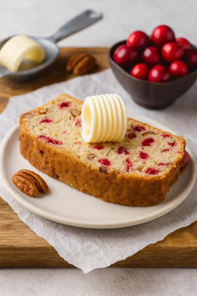 Cranberry Nut Bread Recipe | Sweet, Tart & Easy Loaf 7 Cranberry nut bread slice with butter curl and fresh cranberries
