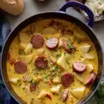 Easy Cajun potato soup with sausage and potatoes in creamy golden broth