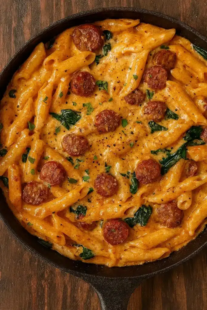 One Pot Creamy Cajun Sausage Pasta | Easy 30-Min Dinner 5 One pot creamy Cajun sausage pasta in skillet with spinach