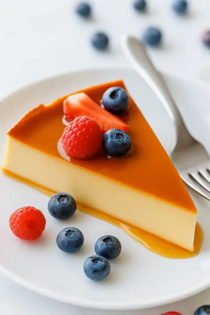 Flan Recipe – The Delightful Creamy Dessert for Christmas 7 Caramel flan slice topped with berries on a white plate