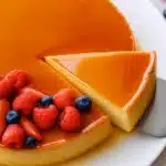 Flan Recipe showing a creamy caramel custard topped with fresh raspberries and blueberries on a white plate