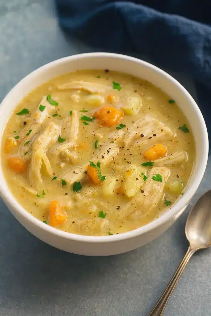 Healthy Chicken Pot Pie Soup with Vegetables 10 Creamy chicken pot pie soup in a white bowl with silver spoon and dark-blue napkin