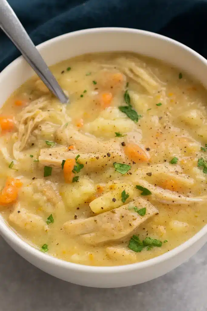 Healthy Chicken Pot Pie Soup with Vegetables 8 Creamy chicken pot pie soup in a white bowl with silver spoon and dark blue napkin