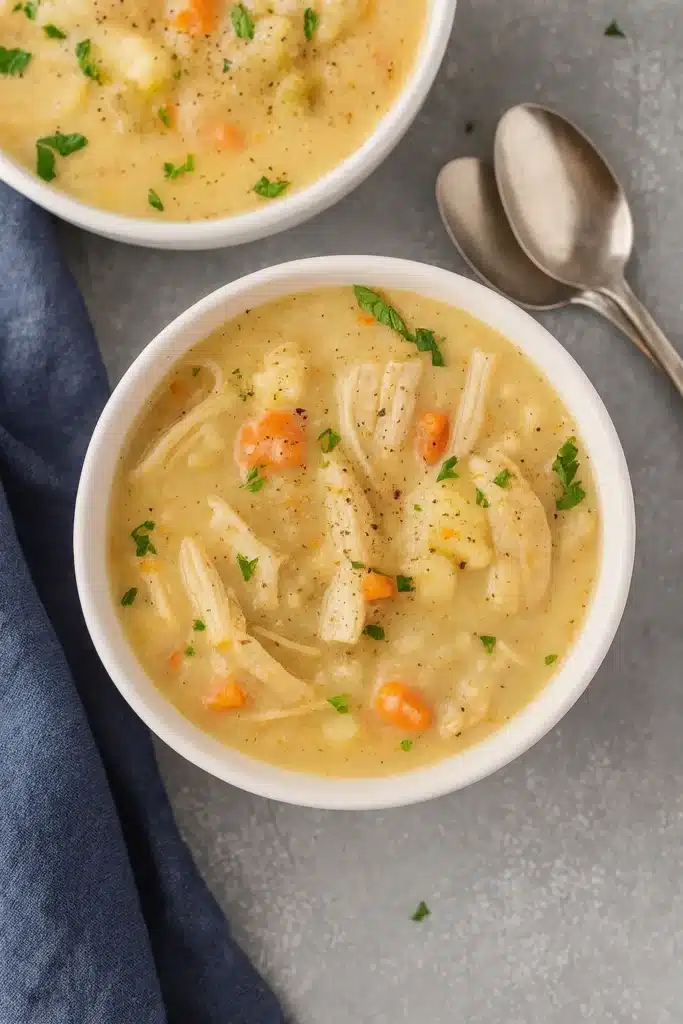 Healthy Chicken Pot Pie Soup with Vegetables 9 Creamy chicken pot pie soup in white bowls with silver spoons and dark blue napkin