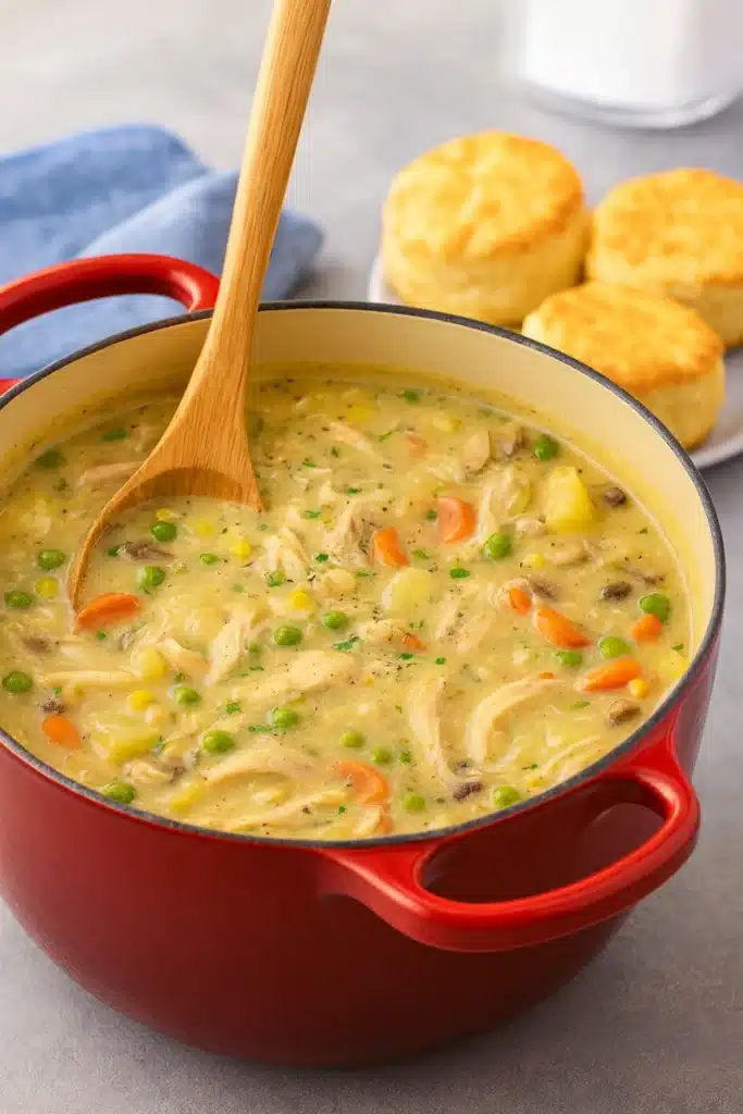 Easy Chicken Pot Pie Soup – Creamy Comfort Classic 7 Red pot of creamy chicken pot pie soup with vegetables and biscuits
