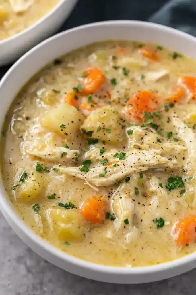 Healthy Chicken Pot Pie Soup with Vegetables 7 Creamy chicken pot pie soup with tender chicken, potatoes, and carrots in a white bowl