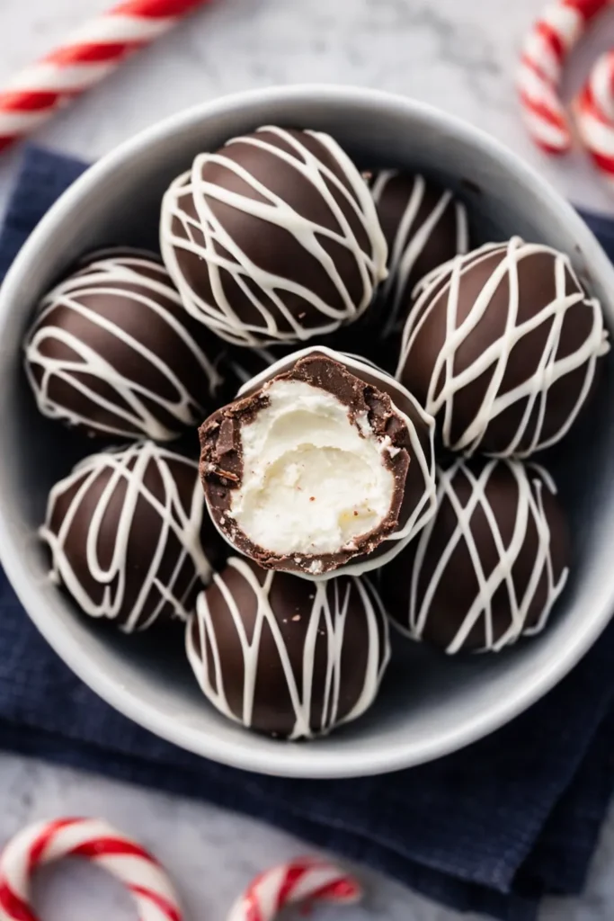 Creamy Christmas Peppermint Truffles Recipe in white bowl with creamy filling
