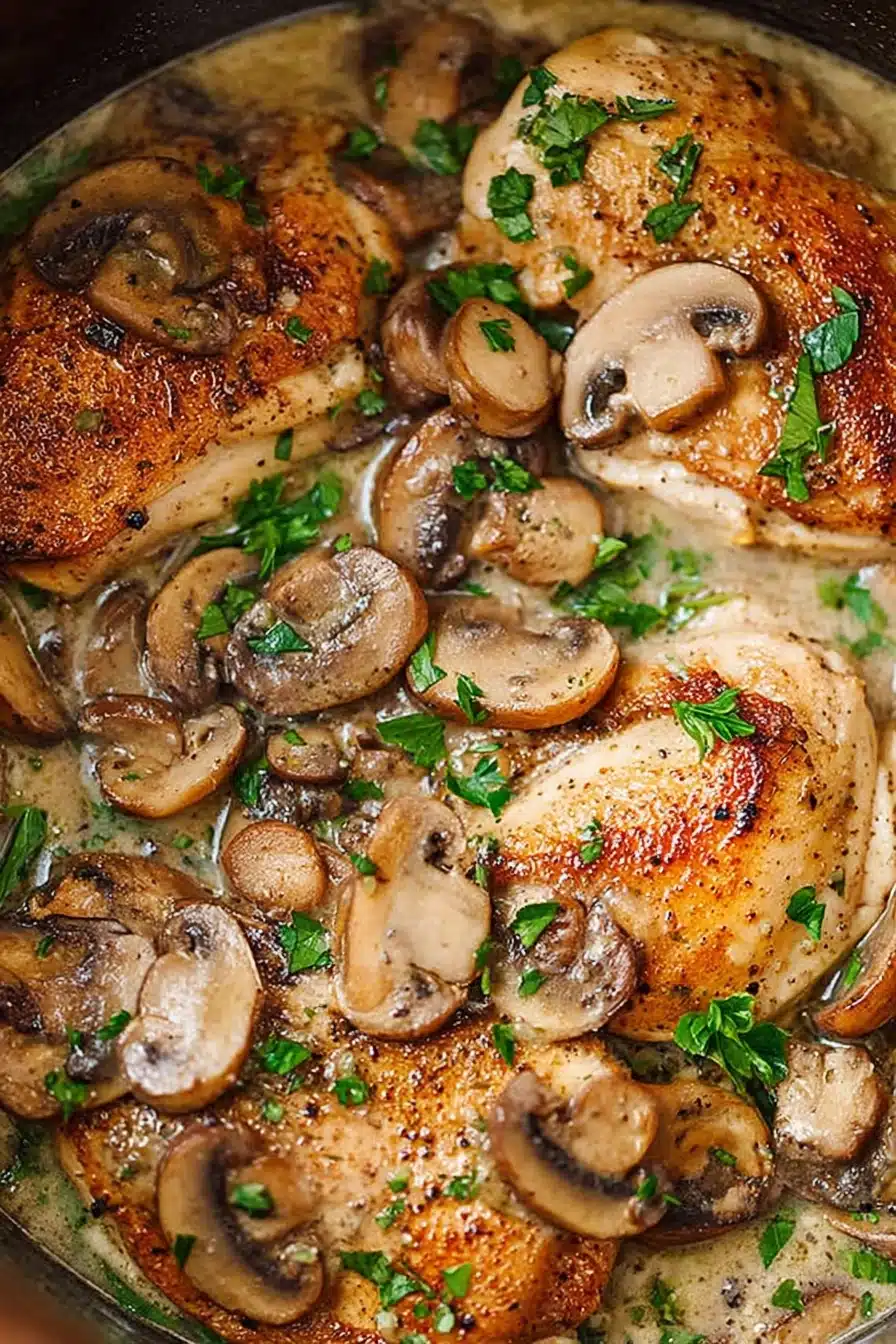 Creamy crock pot chicken marsala with mushrooms and parsley in rich sauce