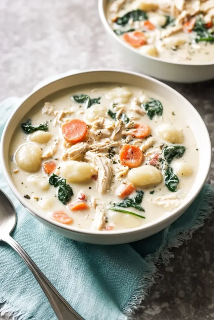 Creamy chicken gnocchi soup in a white bowl with carrots and spinach