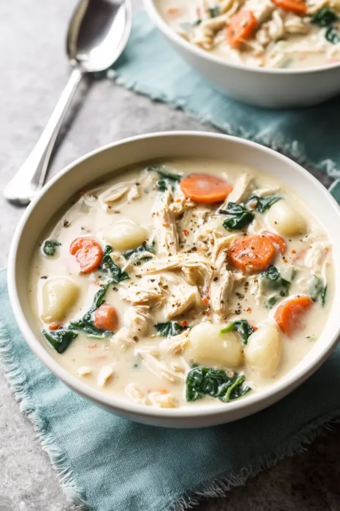 Creamy chicken gnocchi soup in a white bowl with carrots and spinach