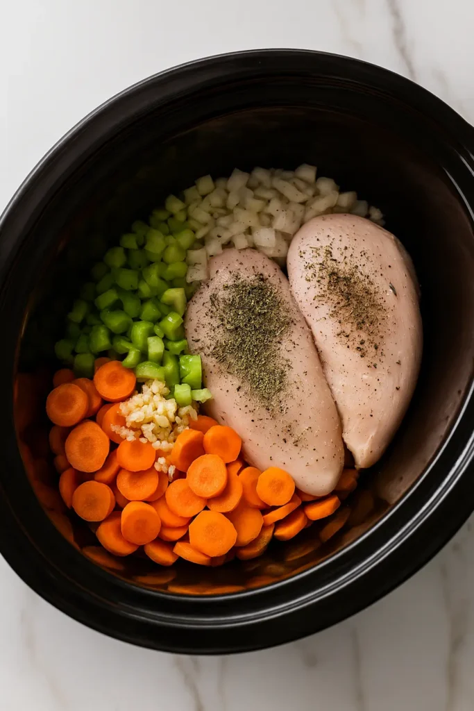 Slow cooker with chicken, carrots, onion, and celery ready for creamy gnocchi soup