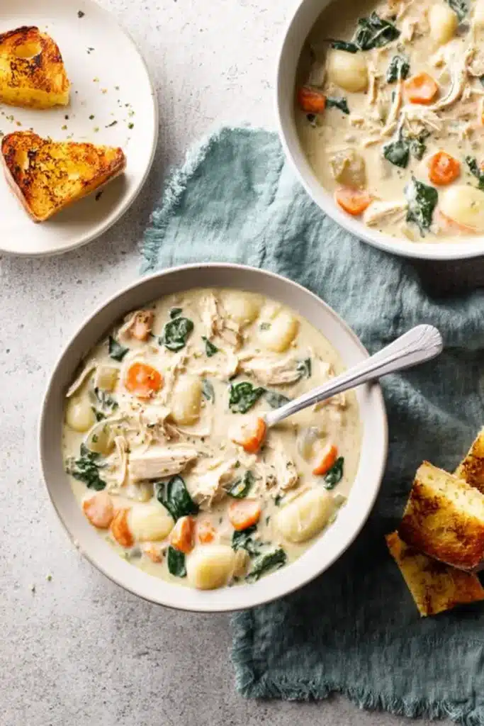 Creamy chicken gnocchi soup with bread on gray stone surface