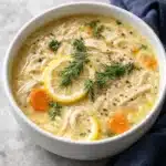 Creamy Greek lemon chicken soup with orzo, lemon slices, dill, and carrots in a white bowl