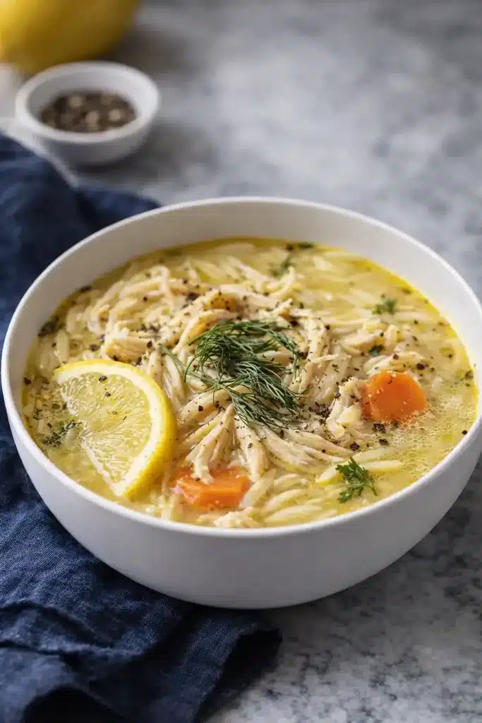 Creamy Greek lemon chicken soup with orzo, lemon slices, and dill