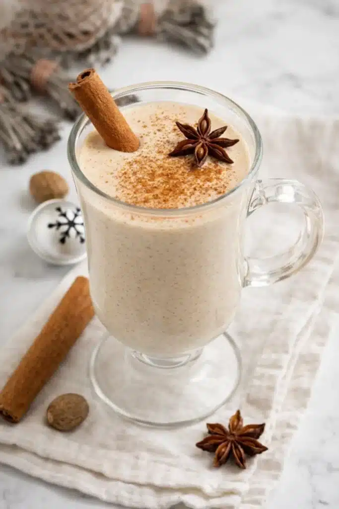 Homemade eggnog in a glass mug with cinnamon and star anise garnish