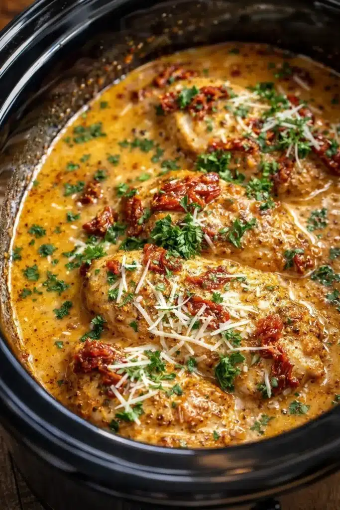 Creamy Marry Me Chicken simmering in slow cooker with herbs and cheese