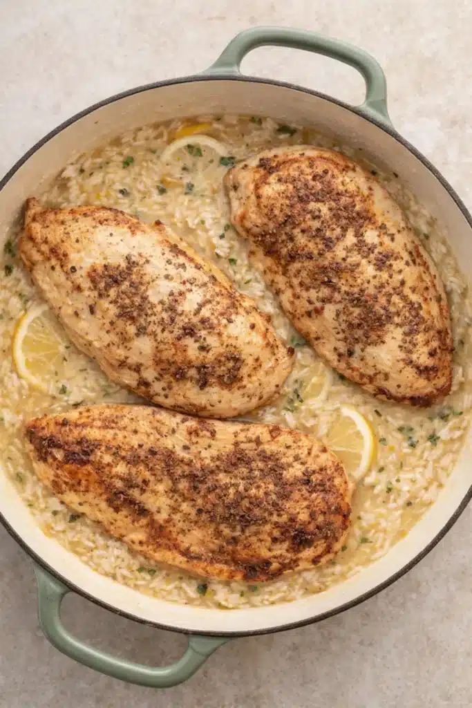 One Pot Lemon Herb Chicken and Rice | Easy Weeknight Dinner 5 creamy one pot lemon herb chicken and rice in green pot
