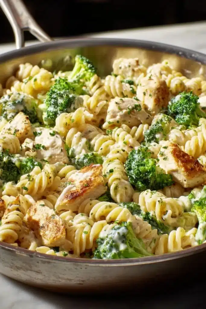 Creamy rotisserie chicken broccoli pasta in skillet with cheese sauce