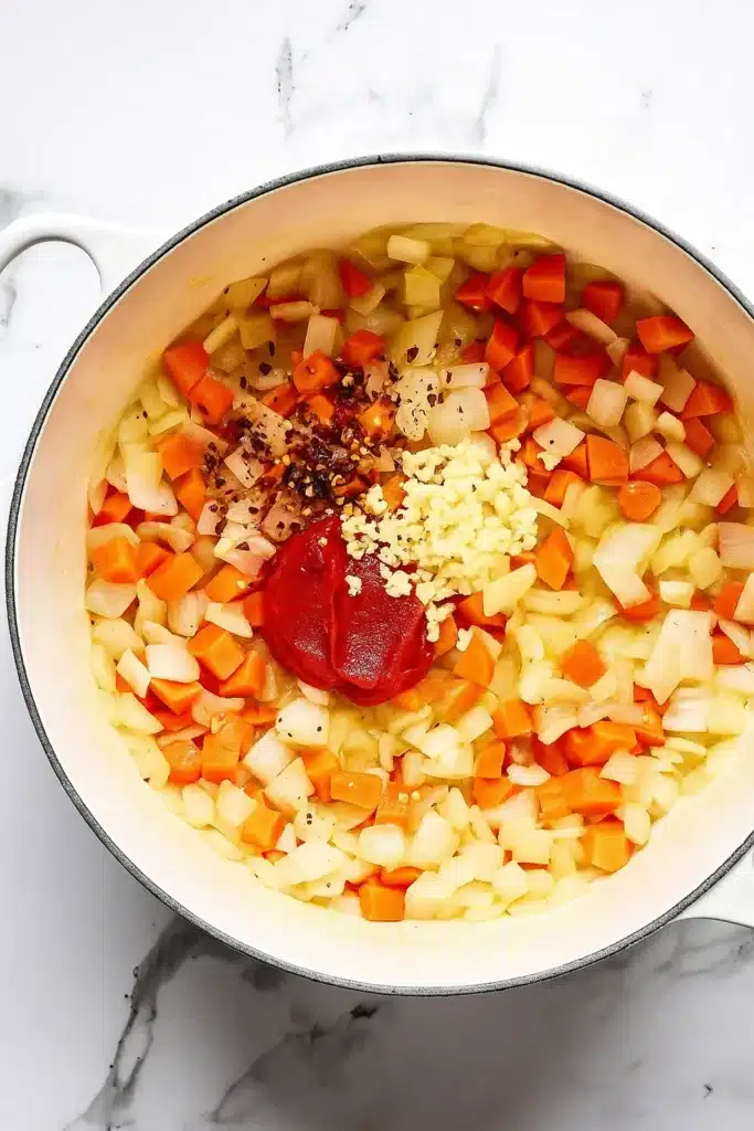 Sautéed onions, carrots, and garlic with tomato paste in white Dutch oven