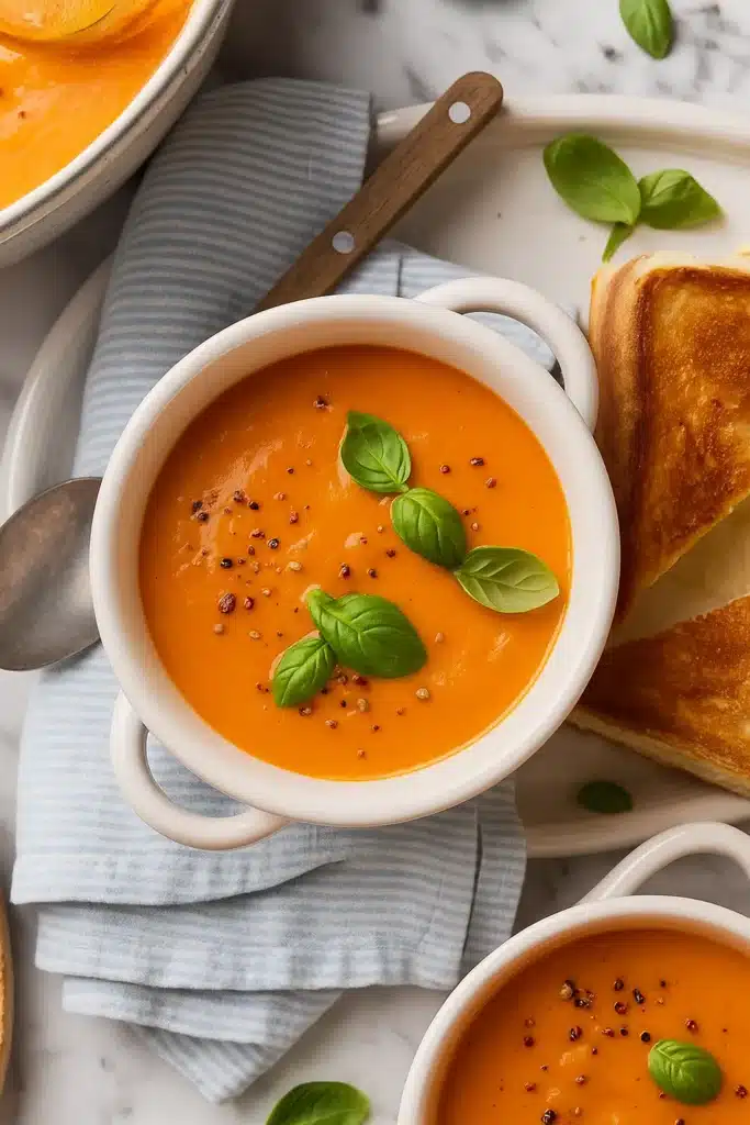 Creamy tomato soup in a white bowl with basil and toast on a light table