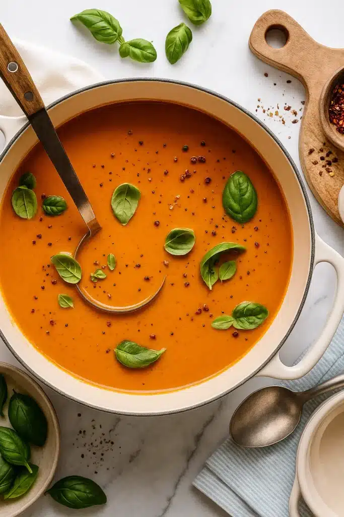 Creamy tomato soup in Dutch oven with basil and pepper garnish