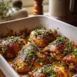 Crispy baked chicken thighs glazed with garlic herb butter in a ceramic dish