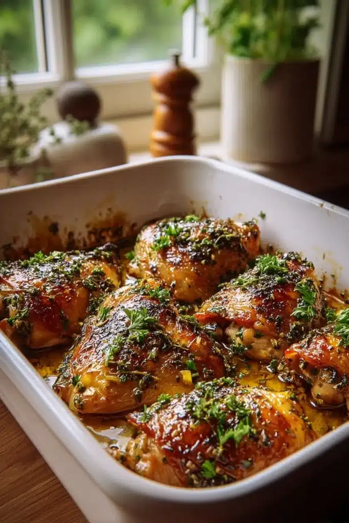 Chicken Thighs Recipe – Amazing Crispy & Juicy Dinner 6 Crispy baked chicken thighs glazed with garlic herb butter in a ceramic dish