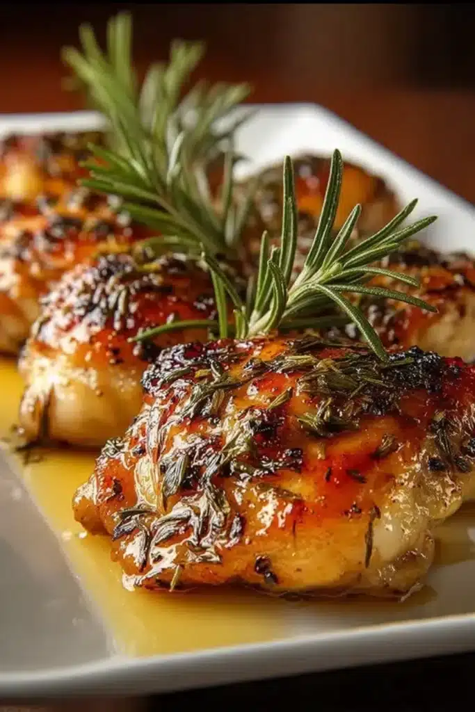 Chicken Thighs Recipe – Amazing Crispy & Juicy Dinner 5 Crispy baked chicken thighs with rosemary glaze on white platter