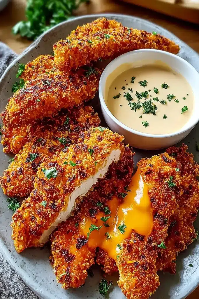 Crack Chicken Tenders Recipe | Easy, Crispy & Delicious 5 Crack chicken tenders on a gray board with ranch dipping sauce