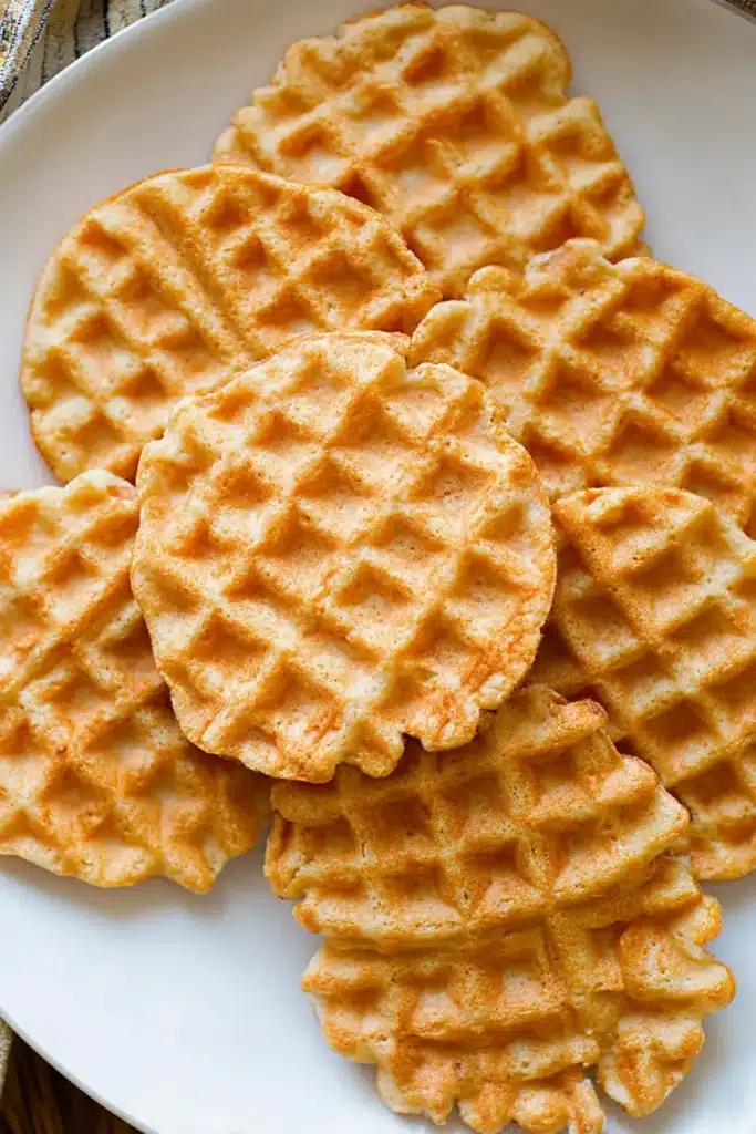 Golden protein waffles stacked on a white plate with crisp texture
